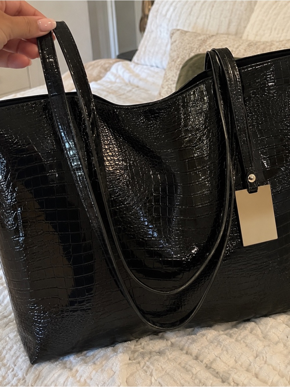 Patent Croc-Embossed Black Tote with Gold Accent